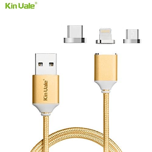 Magnatic USB Cable Kin Vale Lightning USB/Type-C/Micro USB 3 in 1 Nylon Braided Charging and Data Transfer Sync Fast Charging 3.25ft Cable Support for ios and Android System (gold)