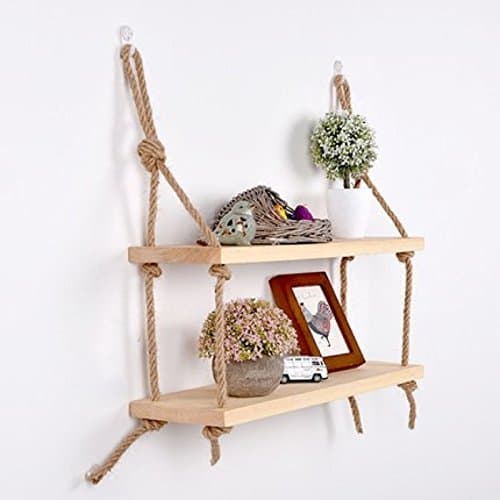 Easy Chic Solid Wood Wall Shelf Storage Floating Wall Shelf Rustic Vintage Wooden Rope Shelf (Natural, 2 Shelves)