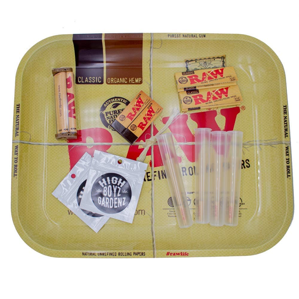 Raw Rolling Tray Large Bundle with Raw 79mm Roller, Raw 1 1/4 Rolling Papers, Raw Tips, Raw 1 1/4 Cones + Packing Stick, Mylar Bags