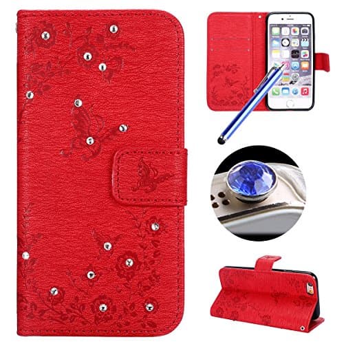 iPhone 6S Plus Glitter Leather Case,iPhone 6 Plus Cover,Etsue Pretty Bling Glitter Diamond Pu Leather Butterfly Flower Design Wallet Protective Flip Case Cover with Stand and Card Holder for iPhone 6 Plus/6S Plus 5.5"+Blue Stylus Pen+Bling Glitter Diamond Dust Plug(Colors Random)-Butterfly,Red