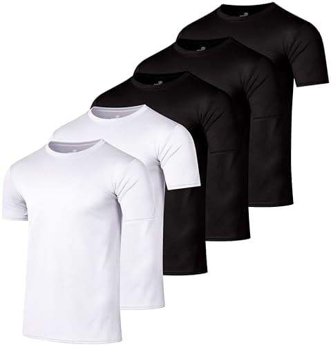 Real Essentials 5 Pack: Men’s Mesh Performance Quick Dry Tech Stretch Ultra-Soft Breathable Short Sleeve Crew Active T-Shirt