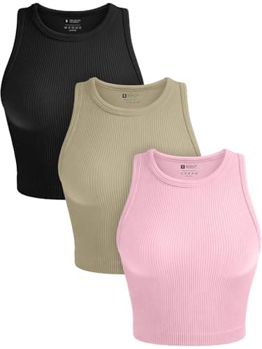 OLCHEE Womens 3 Pack Crop Tank Tops Basic Seamless Ribbed Round High Neck Racerback Workout Top Summer Causal Yoga Gym Shirts