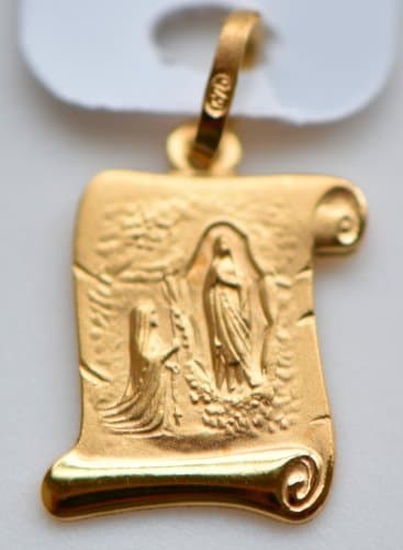 Catholic Gift Shop Ltd Solid Gold Apparition Scroll Pendant/Medal 12mm - 9 kt Gold + Lourdes Prayer Card