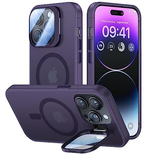 for iPhone 14 Pro Case with Camera Cover Stand [Built-in 9H Camera Lens Protector][Fit for Magsafe] Military Grade Shockproof Translucent Matte Magnetic Phone Case 6.1", Purple
