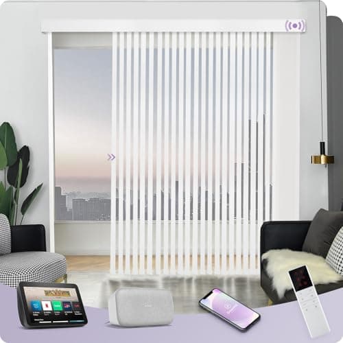 Graywind Motorized Vertical Blinds Compatible with Alexa Google Privacy Reversible Blackout Smart Vertical Blind Remote Control Track Slats Set for Home Office(Dimout Checkered White)