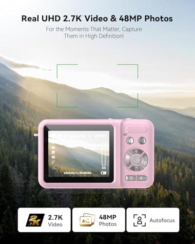 Digital Camera, 2.7K Real Dual Screen Digital Camera for Autofocus Photography, Vlogging Camera for YouTube Video 16x Zoom 32GB, Anti-Shake SD Card