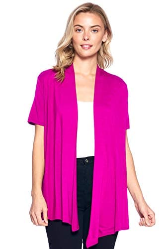 12 Ami Basic Solid Short Sleeve Open Front Cardigan Fuchsia Pink 3X