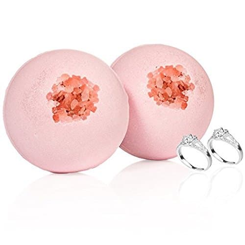Bath Bombs with a Ring Inside - Gift Set of 2 Fragrant Ultra Lush Pink Jewels - Gardenia Glitter Surprise Natural Organic Shea Butter Essential Oils Handmade in USA