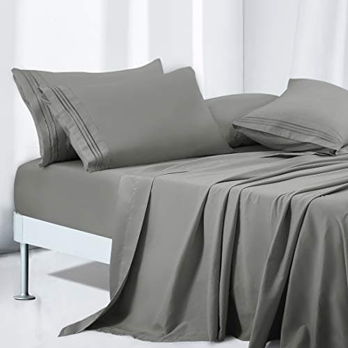TEKAMON King Bed 6 Piece Sheet Set Cooling 100% Microfiber Polyester Extra Deep Pocket Fitted Sheet Luxury Soft,Breathable,Wrinkle Free Sheet Grey