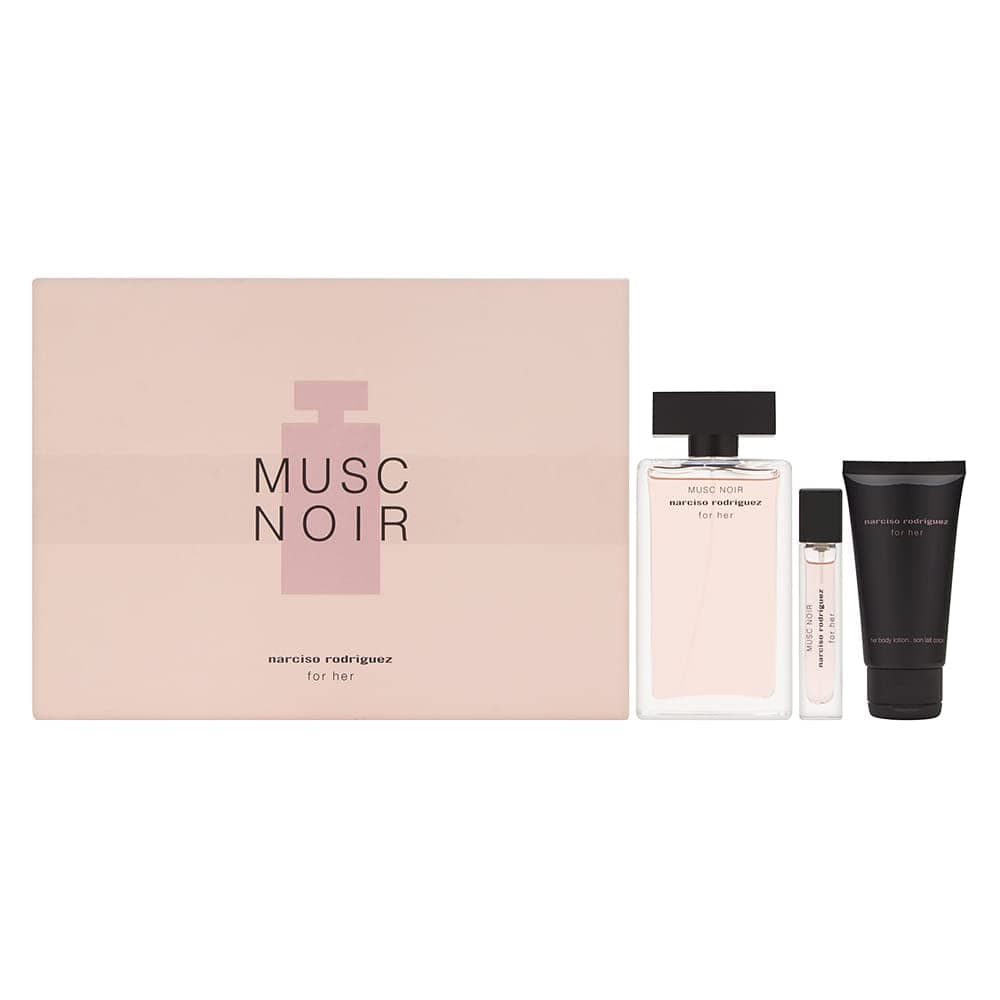 Musc Noir for Her 3 Piece Set Includes: 3.3 oz Eau de Parfum Spray +0.33 oz Eau de Parfum Purse Spray + 1.6 oz Her Body Lotion