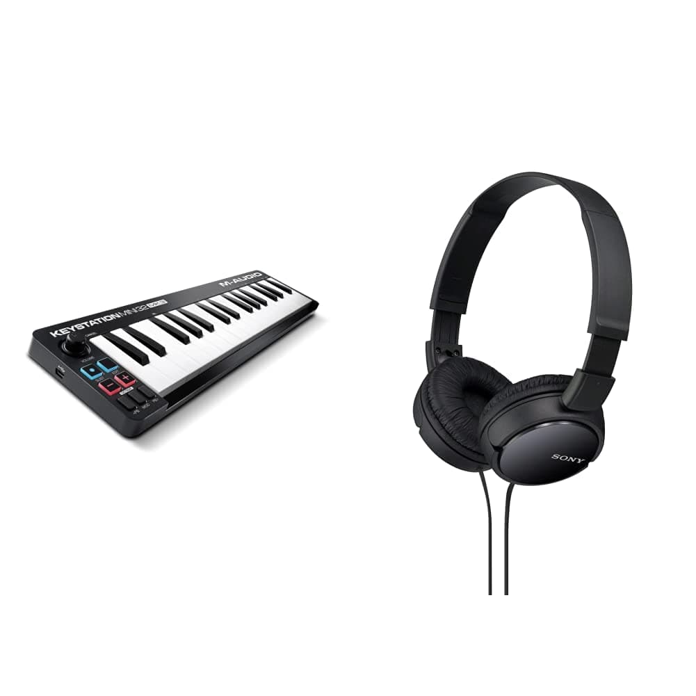Keystation Mini 32 MK3 - Portable USB MIDI Keyboard Controller for Mobile Music Production With Software Suite & Sony MDR-ZX110 Overhead Headphones - Black , BASIC, Pack of 1