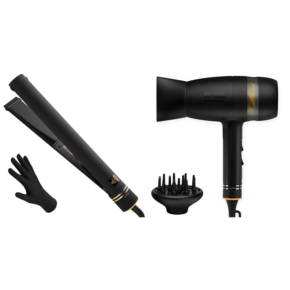 Hot Tools Black Gold Evolve Ionic Flat Iron for Long-Lasting Straightening, (1-1/4 in) & Quietair Power Dryer for Powerful Zen Drying Experience