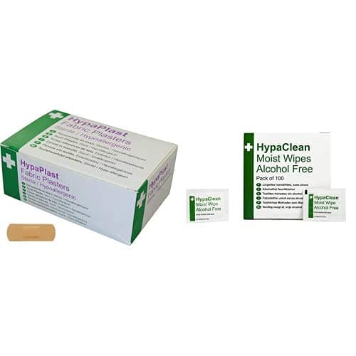 HypaPlast Fabric Plasters, 7.2 x 2.5 cm (Pack of 100) with Moist Wipes, Alcohol Free (Pack of 100)