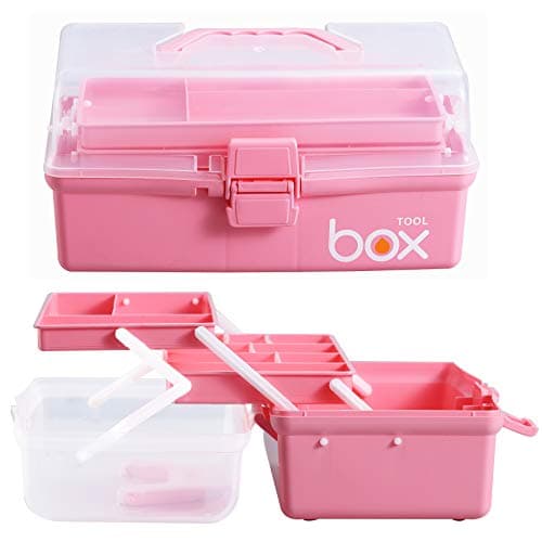 12'' Three-Layer Clear Plastic Storage Box/Tool Box, Multipurpose Organizer and Portable Handled Storage Case for Art Craft and Cosmetic (Pink)