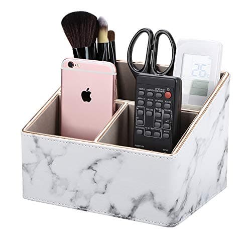 KINGFOM 3 Compartment PU Leather Desk Remote Controller Holder Organizer; Home Sundries Storage Box; TV Guide/Mail/CD Organizer/Caddy/Holder with Free Cable Organizer (White Marble)