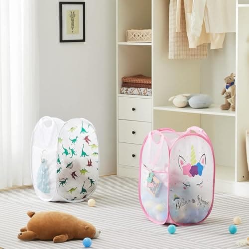 TECHMILLY Collapsible Mesh Pop Up Laundry Hamper with Sturdy Handles and Side Pocket - Portable Foldable Clothes Baskets for Dorm, Bathroom & Travel Storage (Unicorn, 3 Packs)