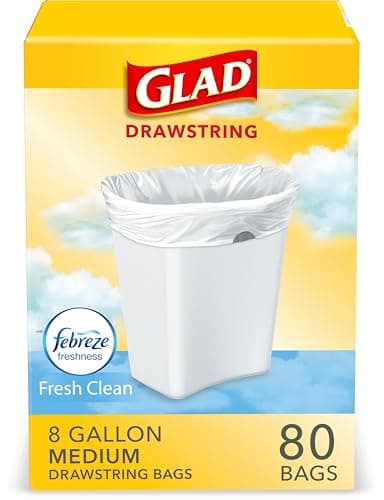 Glad Medium Kitchen Drawstring Trash Bags 8 Gallon White Trash Bag, Fresh Clean Scent, 80 Count (Package May Vary)