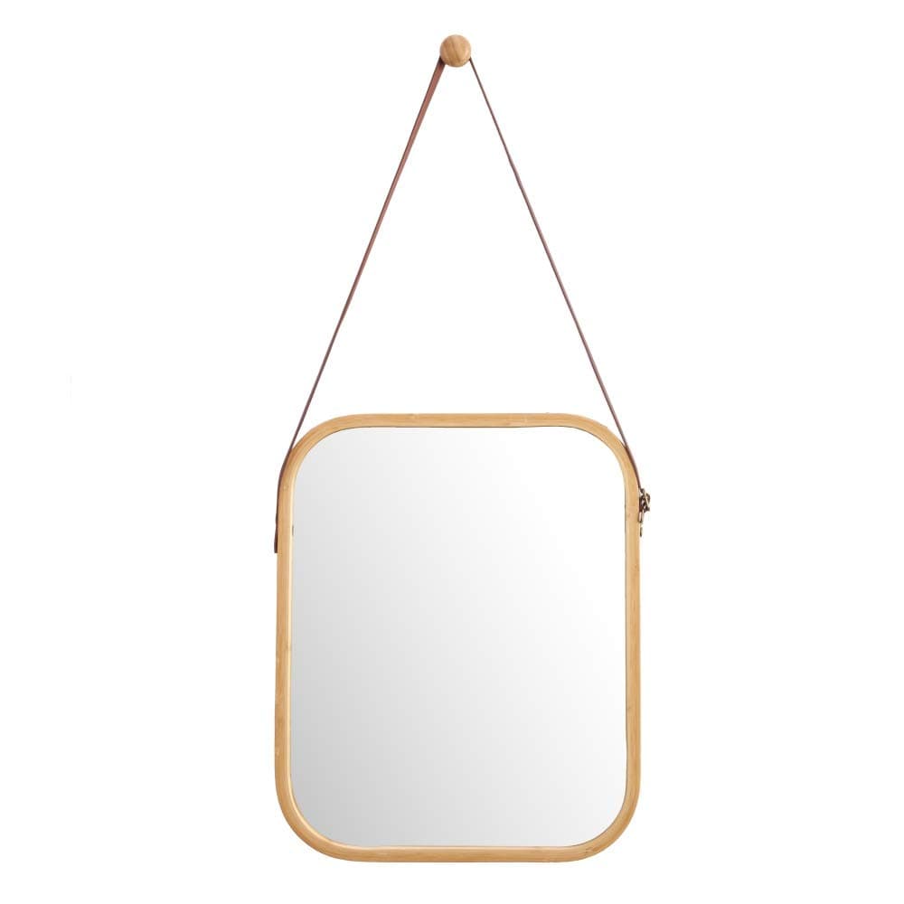 WILSHINE Bathroom Vanity Wall Mirror Small Bamboo Rectangle Wall Framed Mirror for Entryway Living Room with Rounded Corners and Faux Leather Strap, 15.9" x 13"