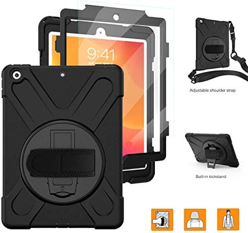 TiKeDa Designed for iPad 7th Generation Case with Built-in Screen Protector,iPad 10.2 2019 Case,Heavy Duty Protective Cover with 360°Rotatable Stand Adjustable Hand Strap Shoulder Strap