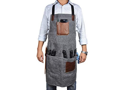 One Size Fits Utility Apron | Adjustable Cross-Back Straps | Multi-Use Shop Apron With Tool Pockets By Aaron Leather (Canvas - Grey)