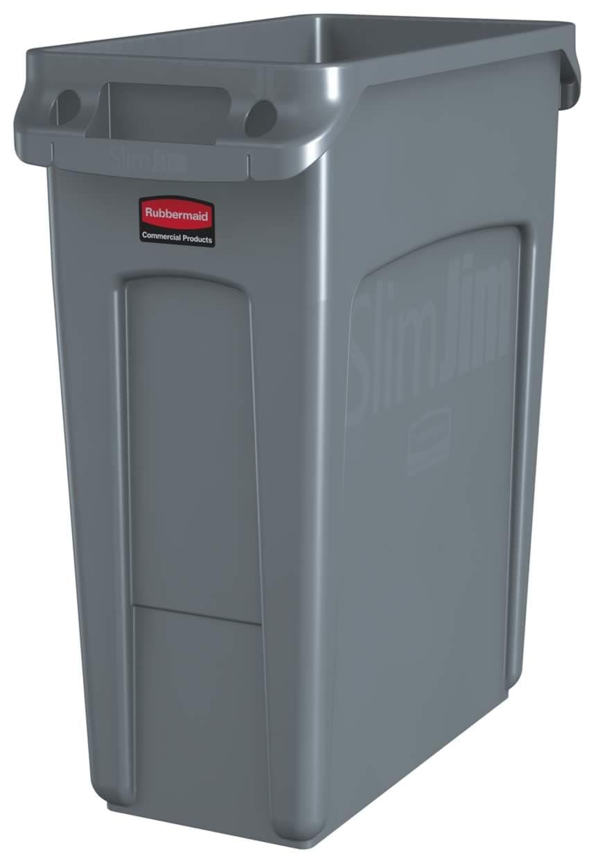 SLIM JIM Plastic Rectangular Trash/Garbage Can/Bin with Venting Channels, 16 GAL, Gray, for Kitchens/Classrooms/Offices/Back of House