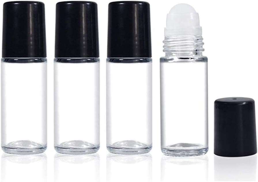 4Pcs 30 ml 1oz Deodorant Glass Roller Bottles Refillable Empty Massage Roll On Bottles Containers with Plastic Roller Ball Black Cap for Essential Oils DIY Deodorant, Clear