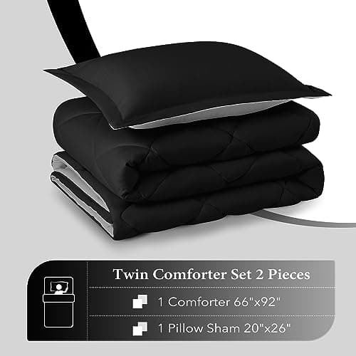 downluxe Lightweight Solid Comforter Set (Twin) with 1 Pillow Sham - 2-Piece Set - Black and Grey - Down Alternative Reversible Comforter