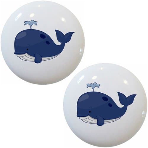 Set of 2 Blue Whale Ceramic Cabinet Drawer Knobs