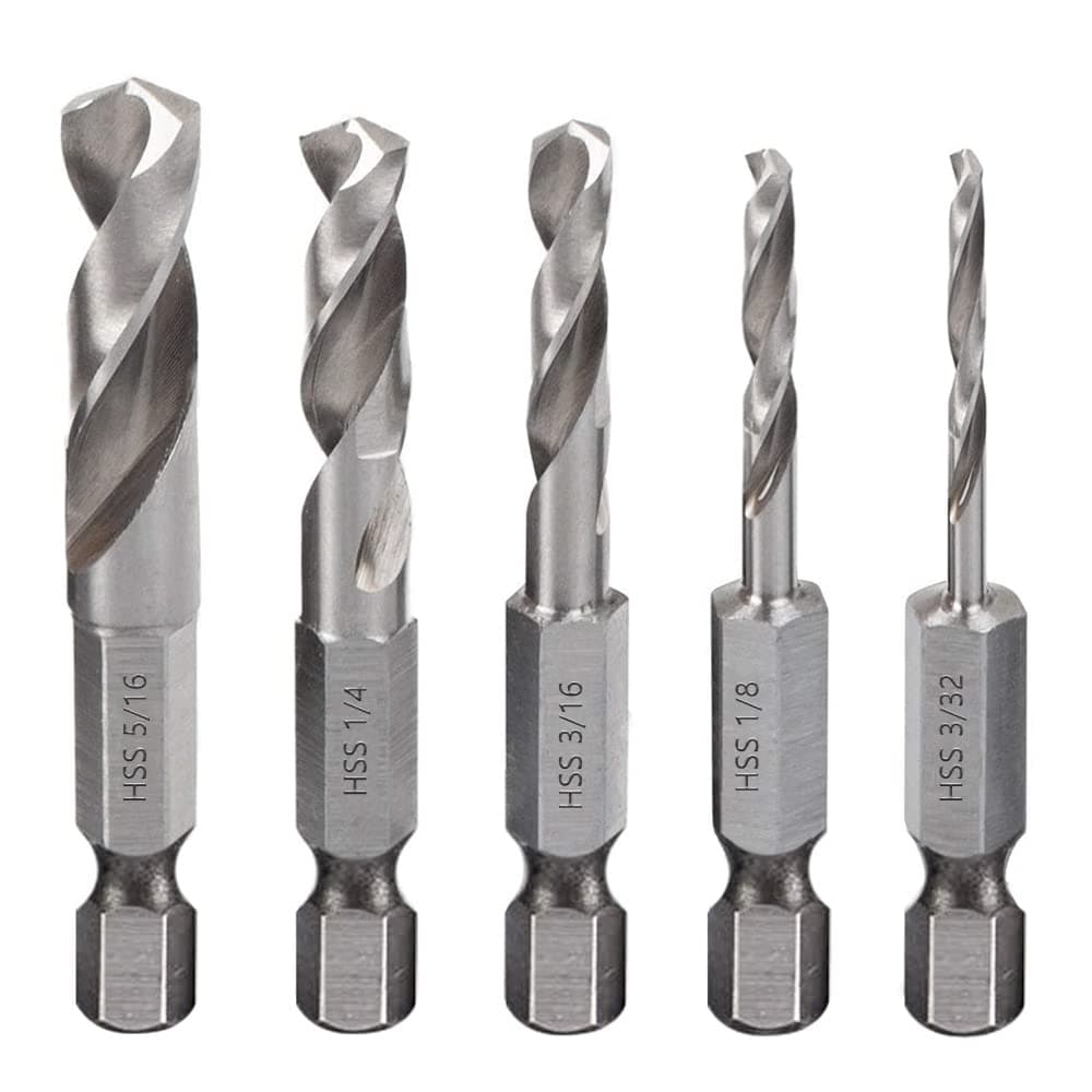 5 Pieces HSS M2 Quick Change Drill Bit for Rectangular Drill and Use in Narrow Spaces 3/32, 1/8, 3/16, 1/4, 5/16 Inch