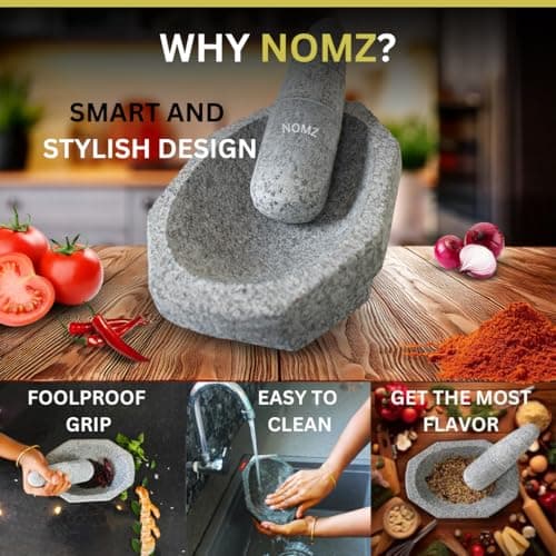 NOMZ Mortar Pestle for Kitchen with Anti-Slip Pad & Silicone Spatula - 4.8 kg Heavy, 10 inch Block Shape, 2 Cup Capacity - Kalvam/Khalbatta/Silbatta for Chutney