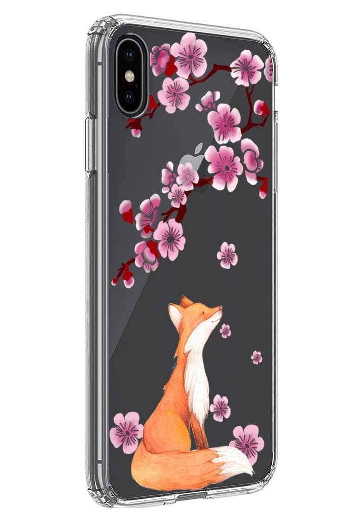 Ftonglogy Compatible with iPhone Xs MAX Case, Crystal Clear Cases Cute Fox Pink Cherry Blossoms Design Shock Absorption Soft Bumper Slim Thin Cover - 6.5” Inch (2018) - Lucky Fox