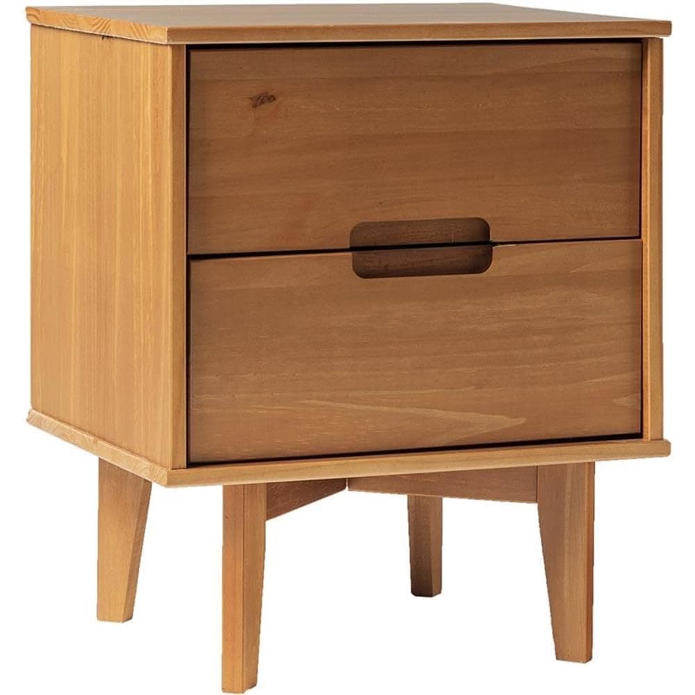 Walker Edison Mid Century Modern Grooved Handle Wood 2-Drawer Nightstand Side Table Bedroom Storage Drawer and Shelf Bedside End Table, 24 Inch, Caramel