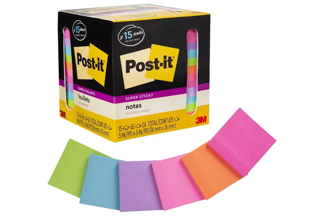 Super Sticky Notes, 3 in. x 3 in., Assorted Bright Colors, 45 Sheets/Pad, 15 Pads/Pack