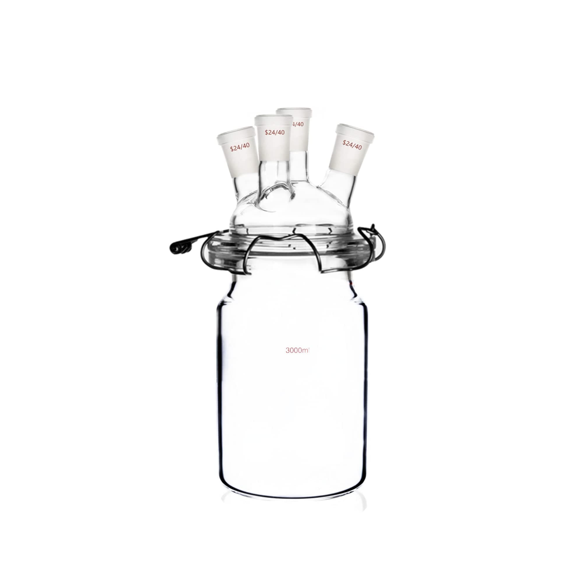 24/40 Glass Cylindrical Reactor 4-Neck Flat Bottom Lab Reaction Vessel Four Necks W/Lid and Clamp
