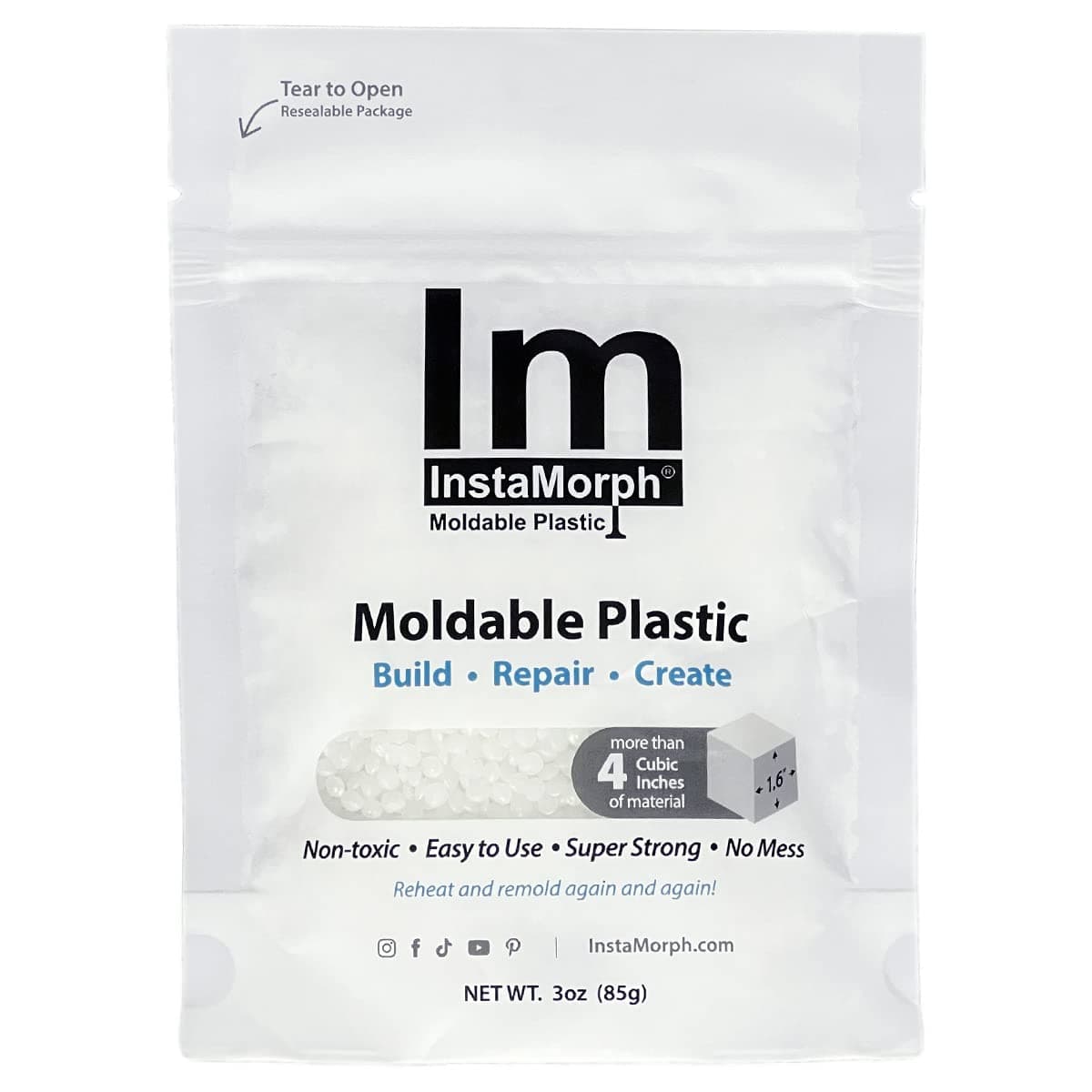 InstaMorph Reusable Moldable Plastic | Thermoplastic Beads, Meltable Polymorph Pellets | Lightweight Modeling Compound for DIY Crafts, Sculpting, Cosplay Accessories | Temporarily Repair | White, 3oz
