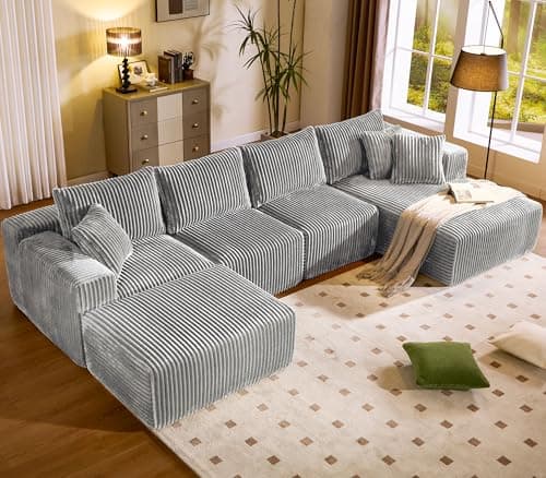 WorthFurni Cloud Modular Sofa Couch with U-Shape Chaise and Big Ottoman Modern Sectional with Deep Seat, Upholstered Couches for Living Room,No Assembly Required, Plush Corduroy Fabric 139.37"(Grey)