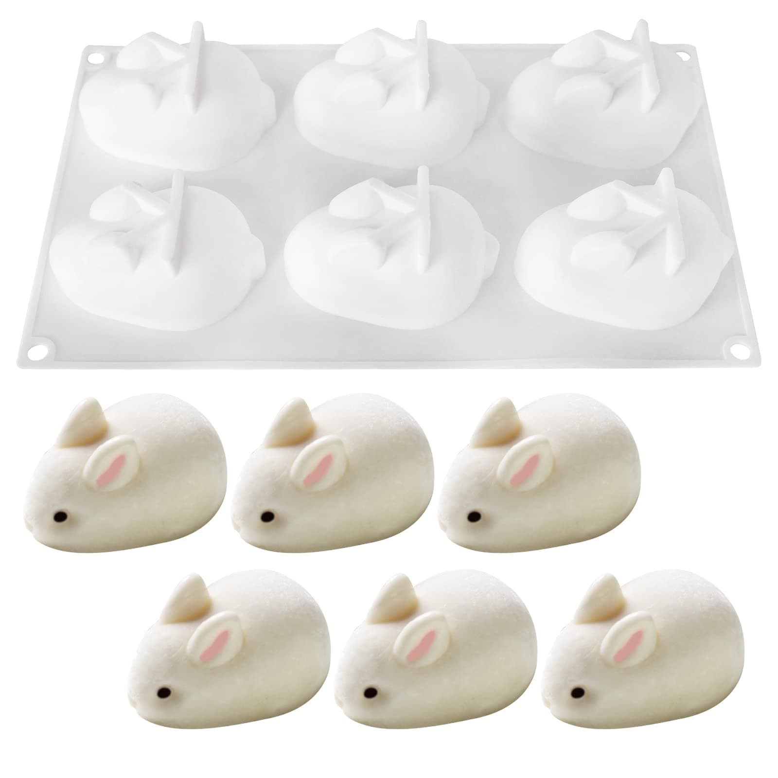 3D Easter Rabbit Bunny Silicone Mold DIY Baking Moulds Bakeware Trays Tool Cake Topper Decorative Cooking Supplies for Chocolate Fondant Candy Candies Ice, White (6 Cavity)