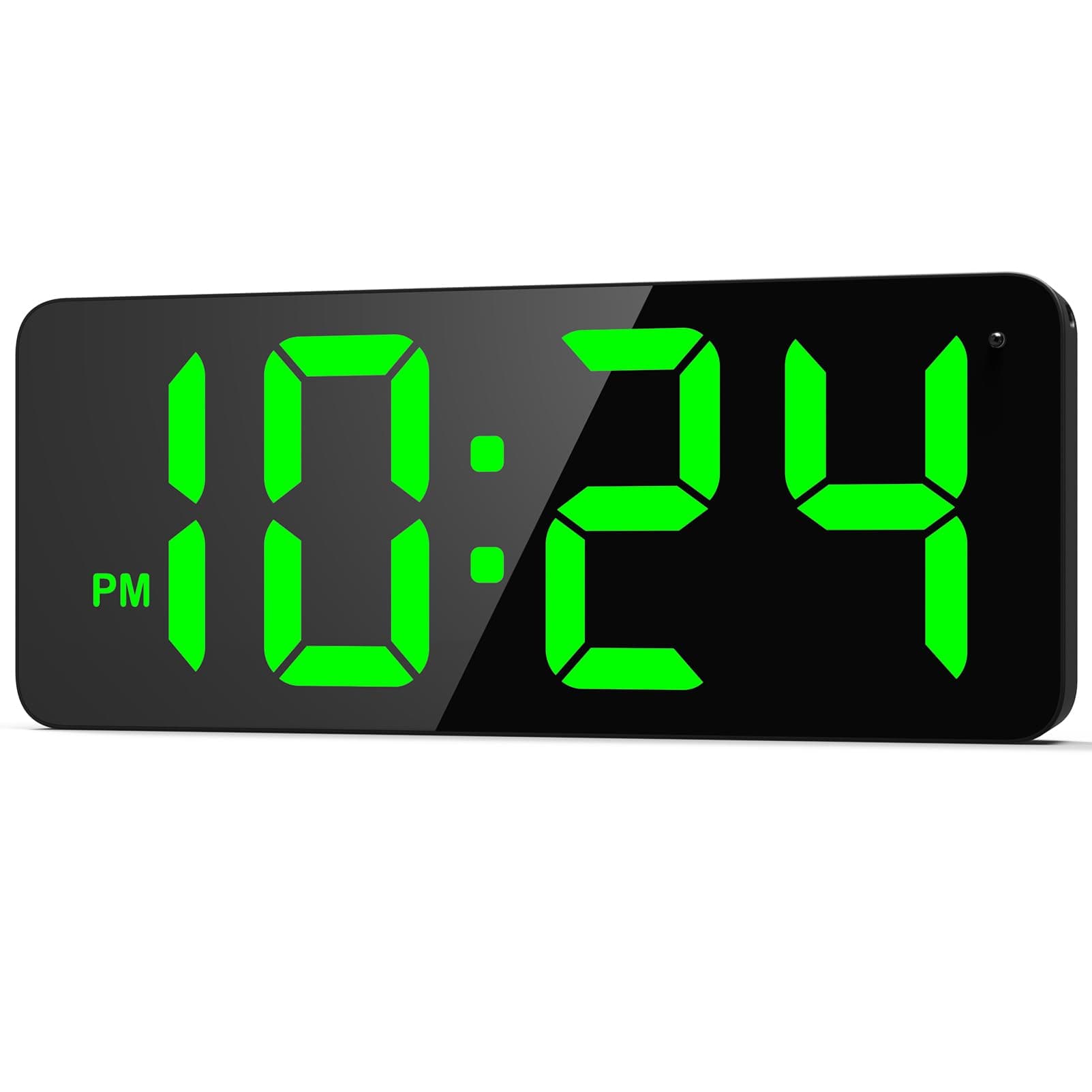 LED Digital Wall Clock with Large Display, Big Digits, Auto-Brightness, 12/24Hr Format, Modern Electric Small Silent Wall Clock for Living Room, Bedroom, Classroom, Farmhouse, Kitchen, Office - Green