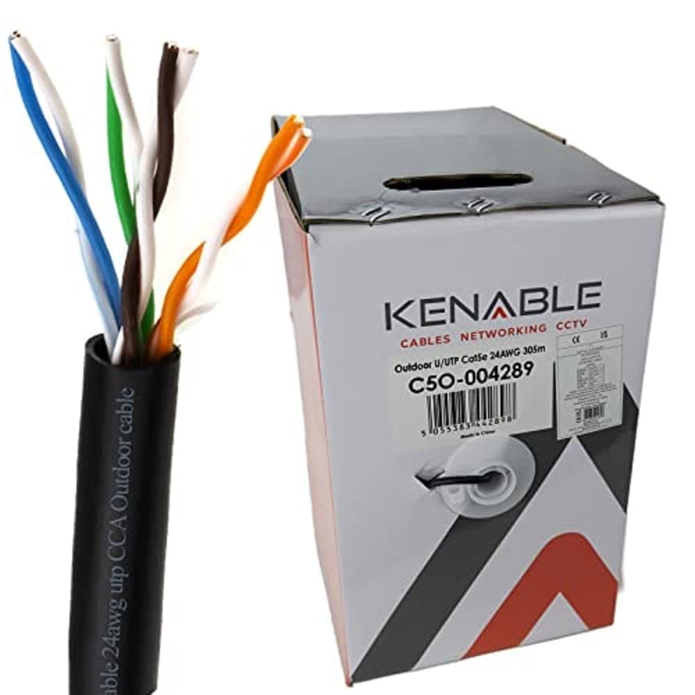 kenable External CAT5e Outdoor Ethernet Network Cable Reel Solid UTP CCA UV Resistant Waterproof 305m Black