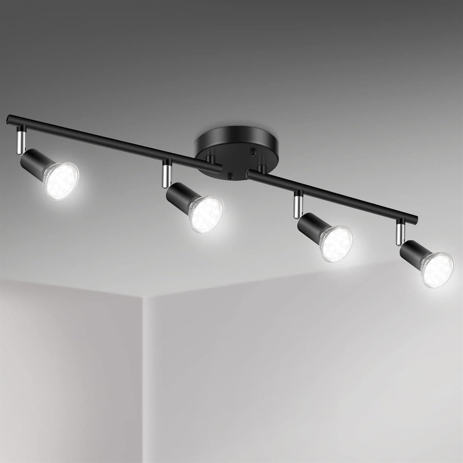 LED 4 Light Track Lighting Kit, 4 Way Ceiling Spot Lighting, Flexibly Rotatable Light Head(Bulb not included) (Color : BLACK)