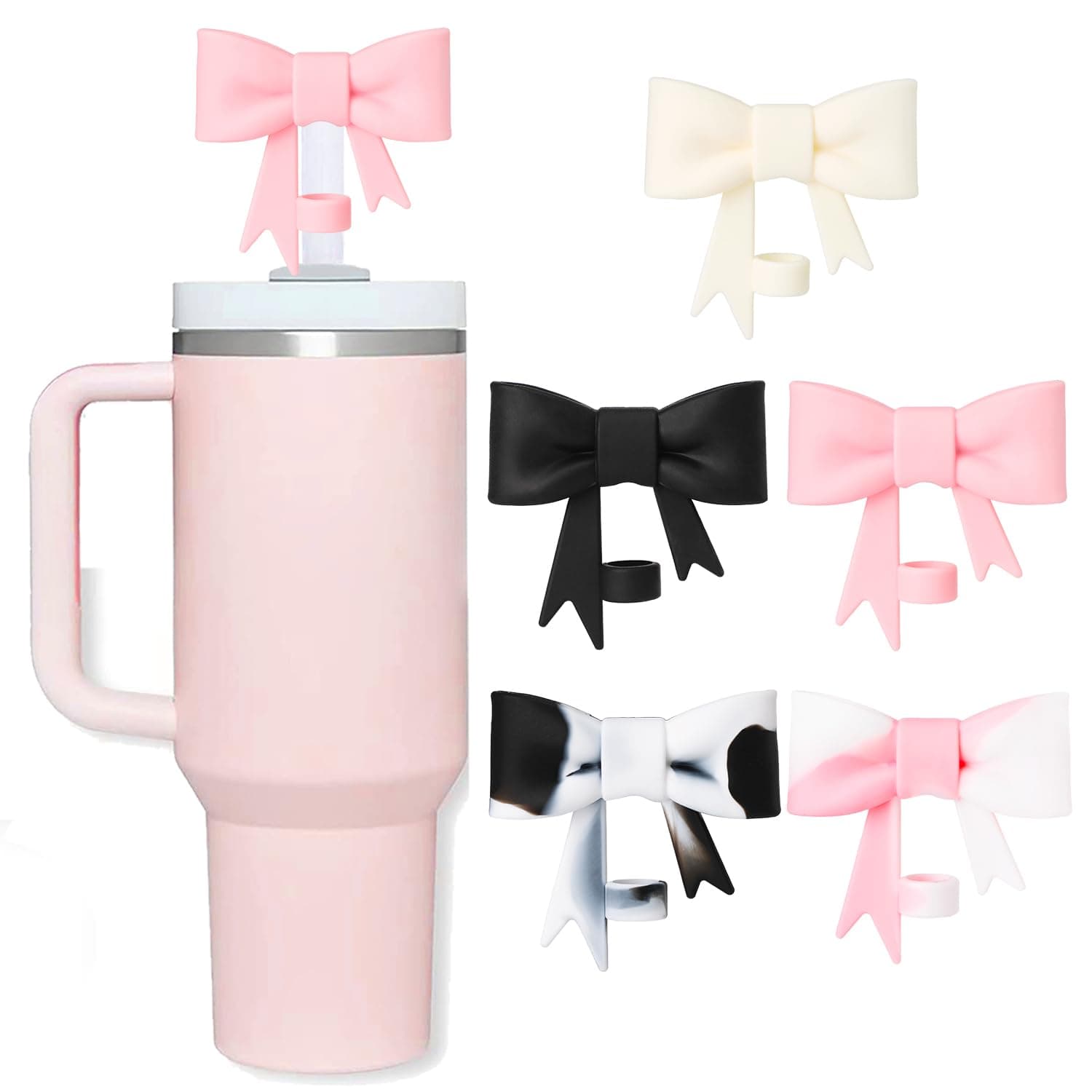 5Pcs Bow Straw Covers Cap Toppers Compatible with Stanley Cup, Cute Pink 10mm Reusable Silicone Straws Topper for 40oz Tumbler with Handle, Stanleys Cups Accessories