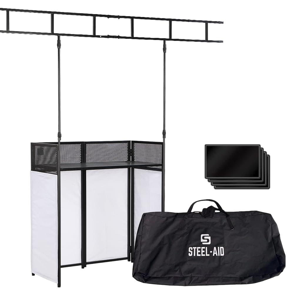 STEEL-AID Foldable, Portable DJ Controller Studio Booth With I-Beam Light Truss System & Carry Case - Professional DJ Tabletop Stand with Black & White Panels for Recording Sound Equipment & Lights