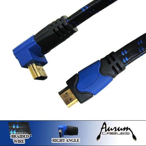 High Speed Hdmi 90 Degree (Right Angle) Flat Cable, - Ver. 1.4, 1080p (Full Hd) Supports 3d Tv- Audio Return Channel - 4kx2k - 1440p - 1080p - Blu-ray - Ps3 - Xbox 360 Hdmi to Hdmi (Blue & Black Nylon Braided with Stylish 24k Gold Plated Tips) 10ft