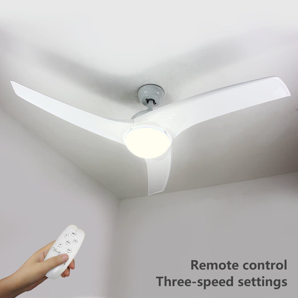 52" LED Semi Flush Mount Ceiling Fan Lighting with Remote Control, Three Curved White Blades and Frosted Glass Cover (White) for Bedroom, Dining Room and Living Room