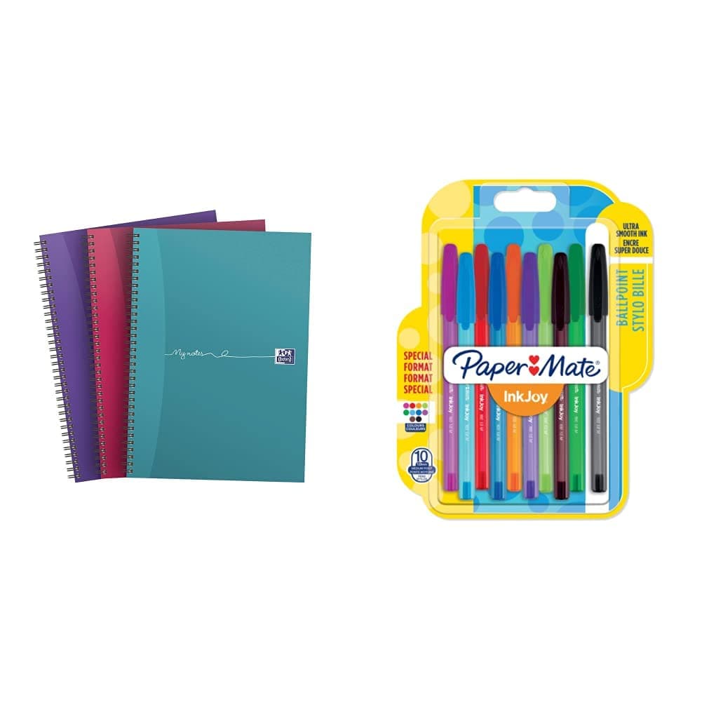 Oxford My Notes A4 Card Cover Wirebound Notebook, Pack of 3 & Paper Mate InkJoy 100ST Capped Ballpoint Pens | Medium Point (1.0mm) | Fun Colours | 10 Count