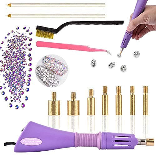 Hotfix Applicator Rhinestone Setter Kit Rhinestone Setter Hotfix Applicator Tool Include 7 Different Sizes Tips, Tweezers, Cleaning Brush, 2 Pencils and Rhinestone Crystal Embellishments