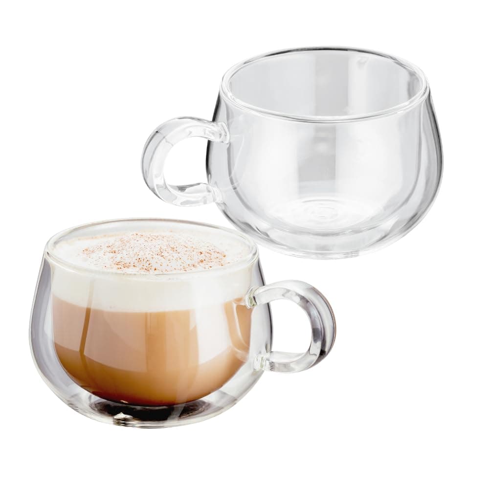 Double Walled Glass Cappuccino Coffee Handled Cups, Set of 2, 225ml - Vacuum Insulated, Handcrafted Artisan - Strong, Heat Resistant
