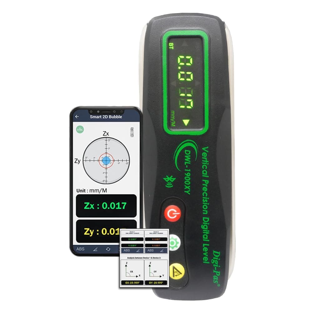 2-Axis Smart Vertical & Perpendicularity Precision Level DWL1900XY Bluetooth, Measurement Resolution of 1µm/50mm, 5µm/300mm to 17µm/1,000mm