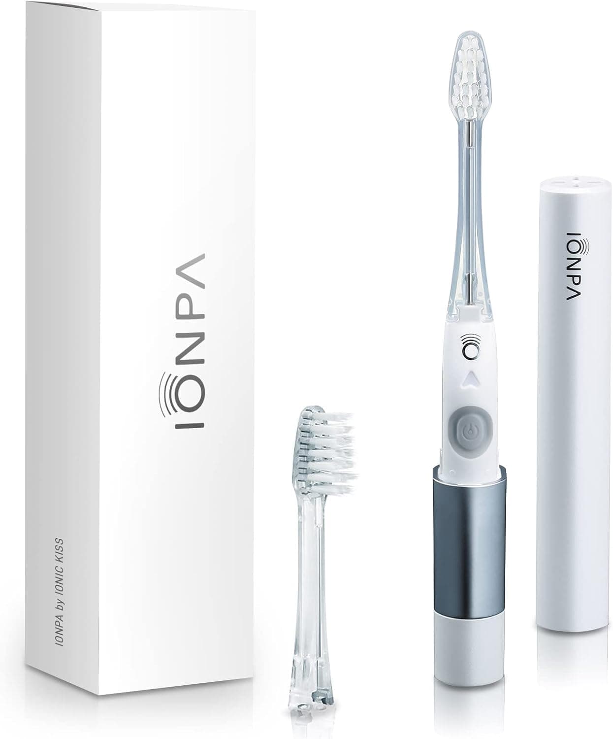 IONICKISS Sonic Travel Toothbrush | Ionic Toothbrush | Brushing Timer, 2 Modes, 2 Soft Extended Replaceable Brush Heads | ION Power + Sonic Action