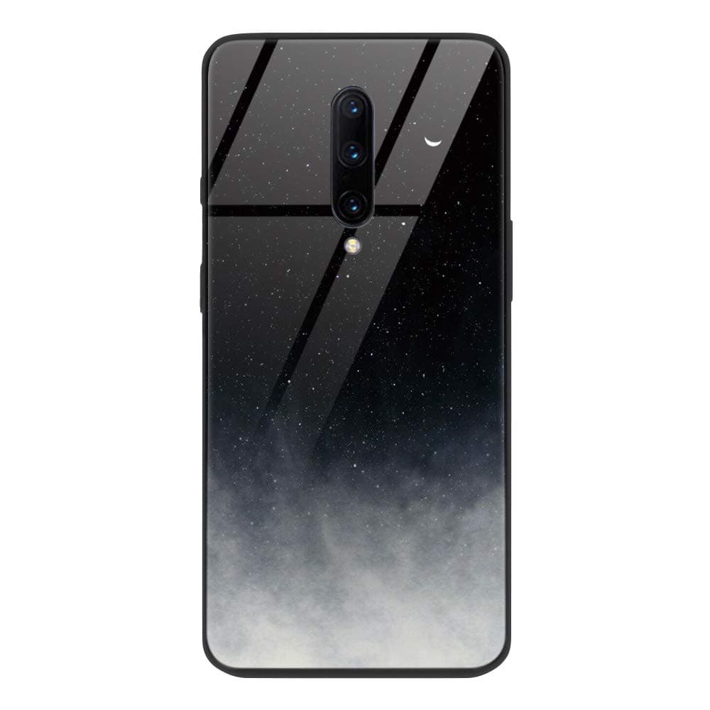 ZhuoFan OnePlus 7 Pro Case, [Anti-Scratch] Shockproof Patterned Tempered Glass Back Cover with Soft TPU Gel Silicone Bumper Phone Cases Skin for One Plus 7Pro Smartphone, Black Gray